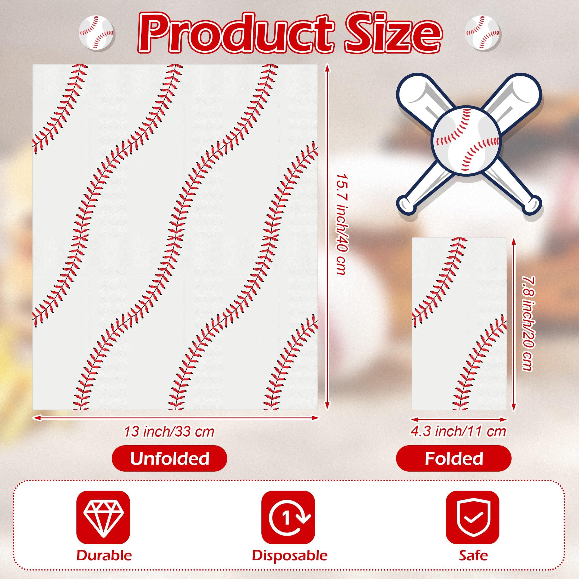 Kochorie 96-Piece Baseball Paper Napkins for Sports Birthday Parties - Red, 7.8x4.3 Inches Folded