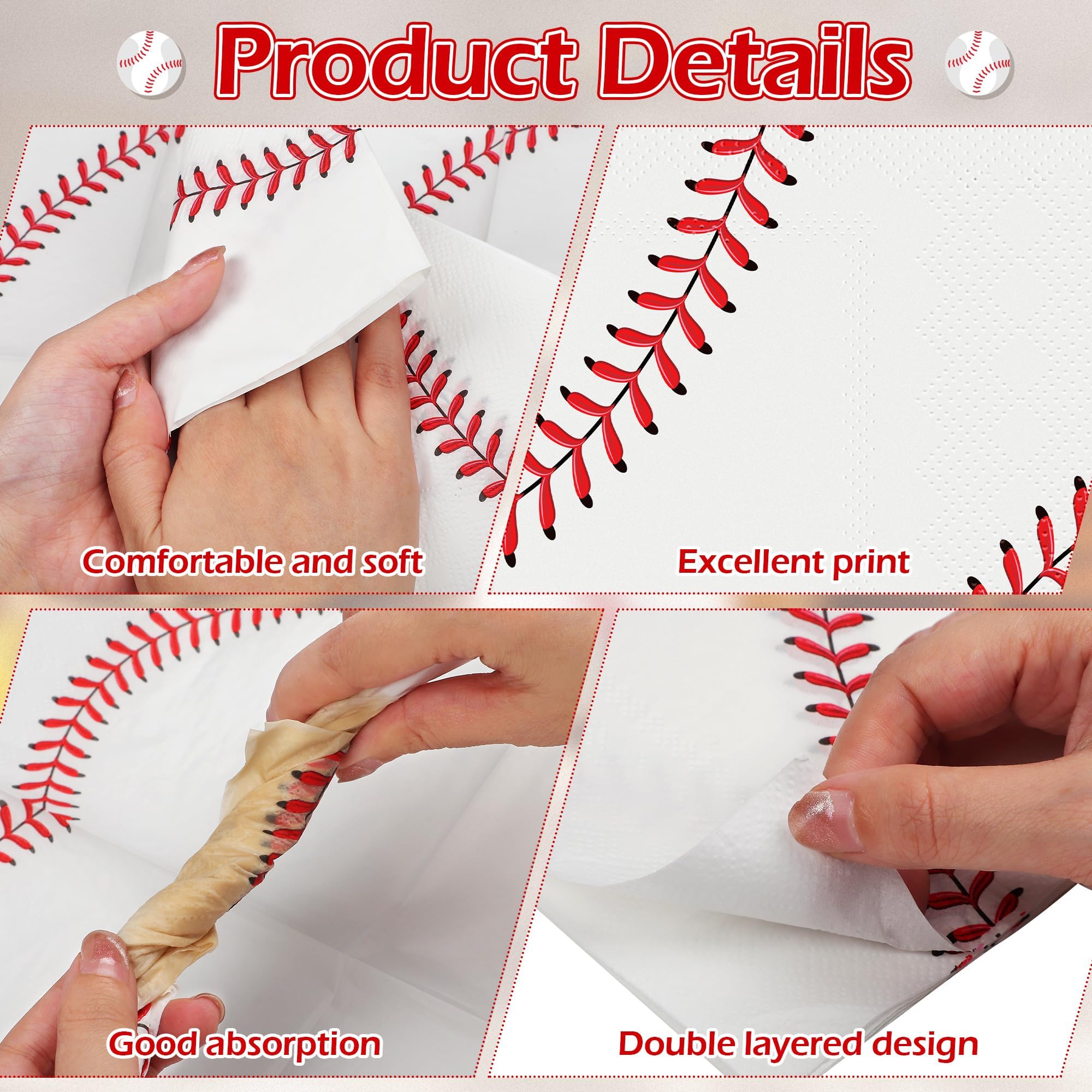Kochorie 96-Piece Baseball Paper Napkins for Sports Birthday Parties - Red, 7.8x4.3 Inches Folded