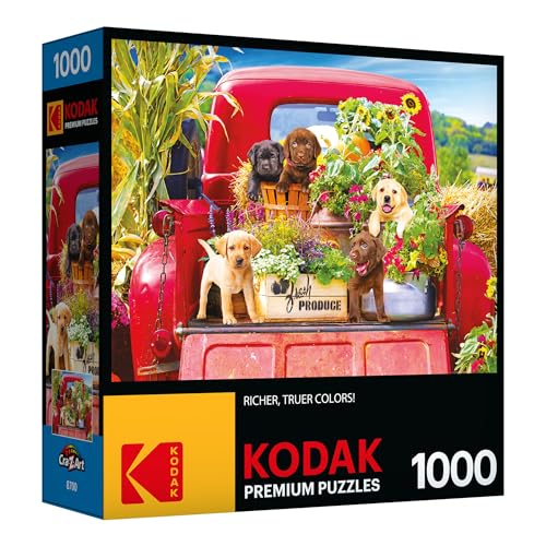 Kodak Premium Stowaways 1000-Piece Jigsaw Puzzle: Vintage Red Pickup with Lab Puppies