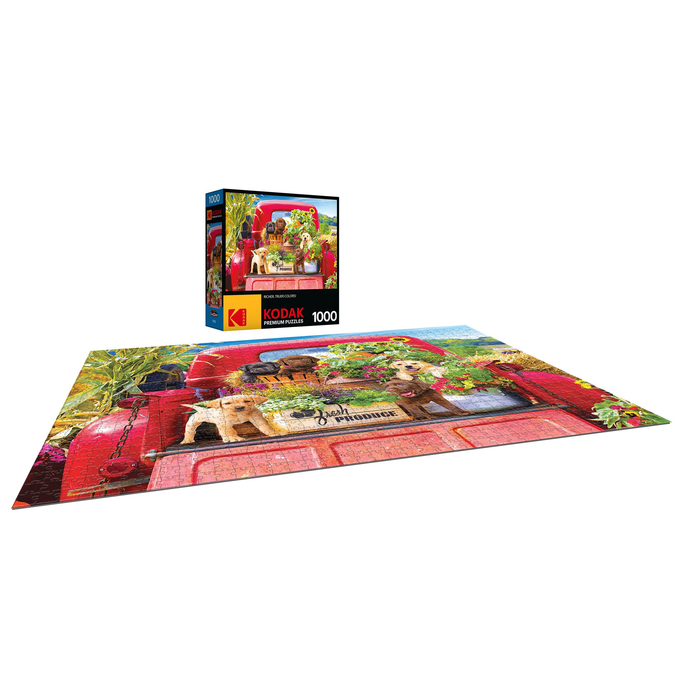 Kodak Premium Stowaways 1000-Piece Jigsaw Puzzle: Vintage Red Pickup with Lab Puppies
