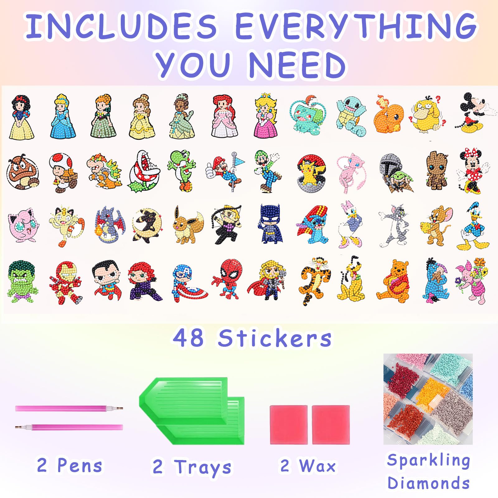 KOJEFCV 48-Pack Cartoon Diamond Art Sticker Kits for Kids – Gem Mosaic Stickers Ages 4-12