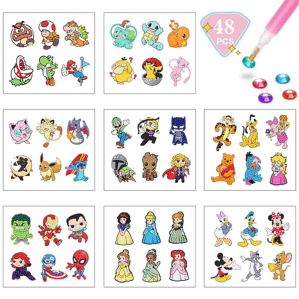 KOJEFCV 48-Pack Cartoon Diamond Art Sticker Kits for Kids – Gem Mosaic Stickers Ages 4-12