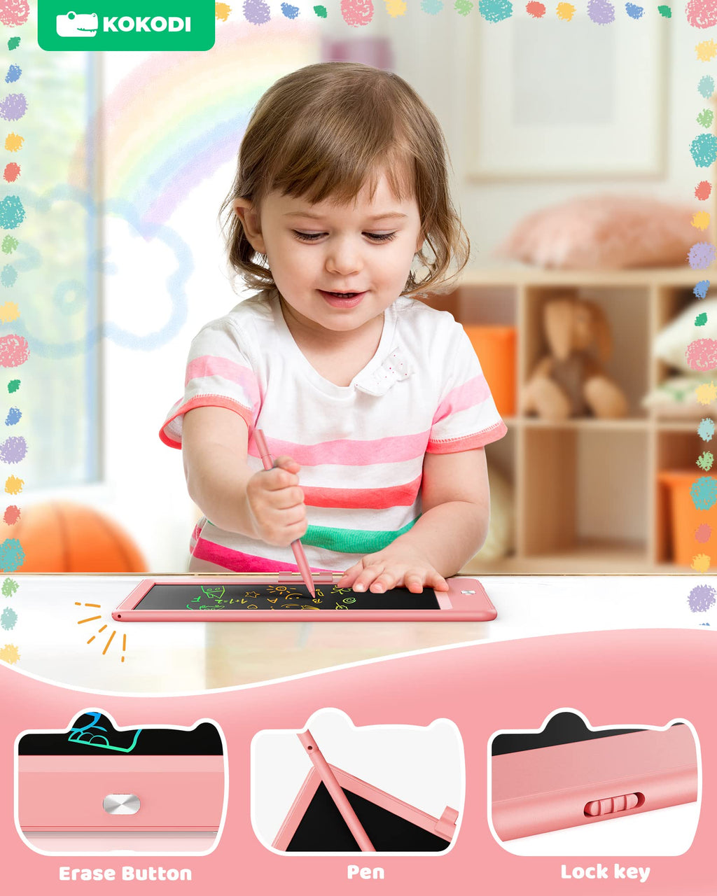 KOKODI 8.5 Inch LCD Writing Tablet for Toddlers - Pink Doodle Board, Erasable Drawing Pad, Educational Toy for Ages 3-8