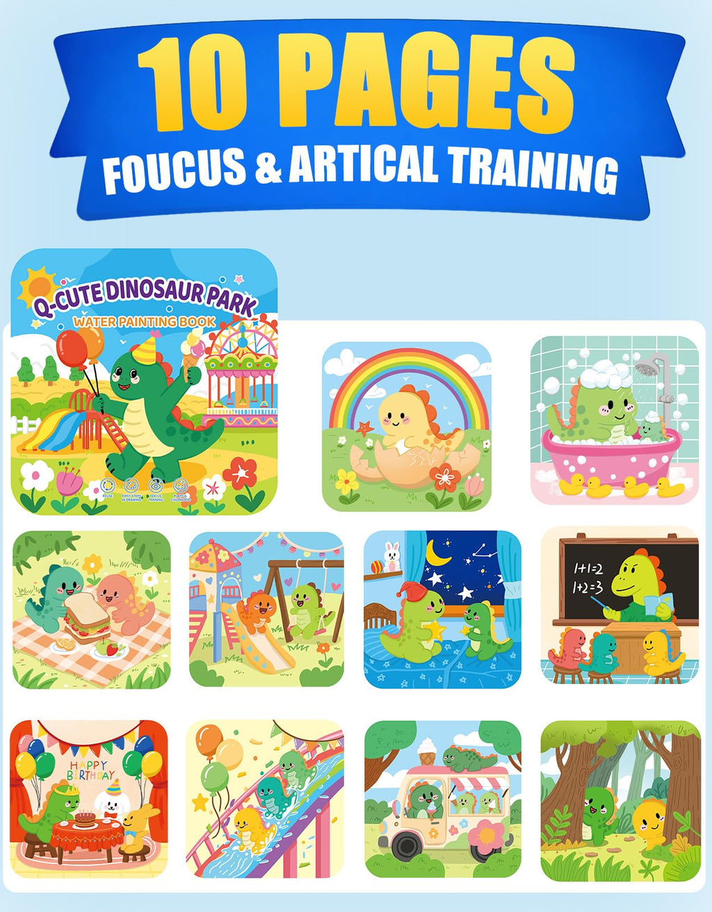 K'ONLE Reusable Water Coloring Book – 10 Dinosaur Pages, Mess-Free Fun for Toddlers Ages 3–6