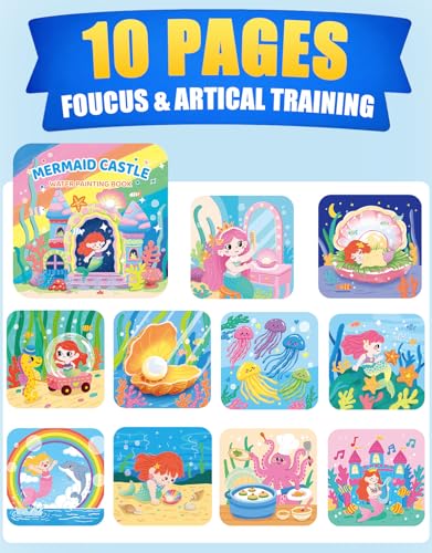 K'ONLE Reusable Water Coloring Book for Toddlers Ages 1-3 – Mermaid Theme, 10 Pages No Mess Travel Activity