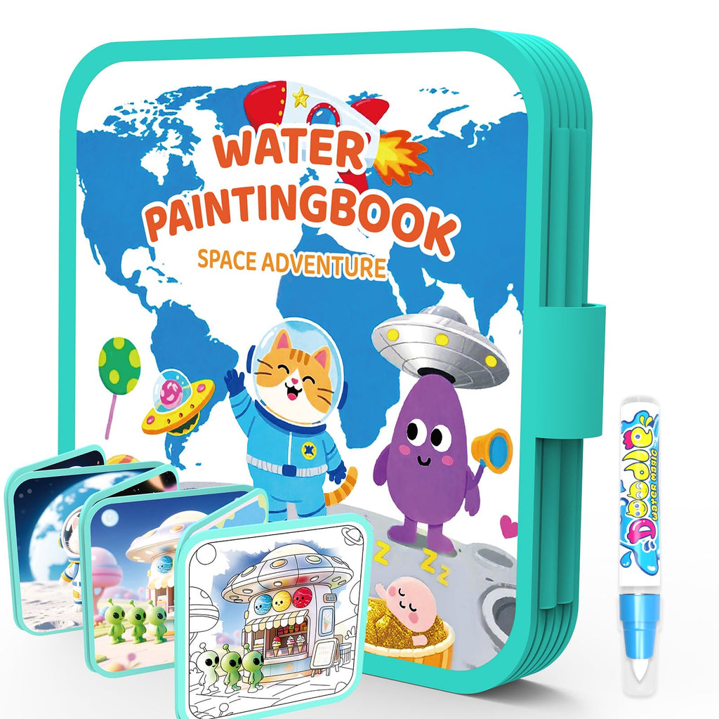 K'ONLE Reusable Water Painting Book – 10 Pages Space Theme, No-Mess Coloring for Toddlers 3-6