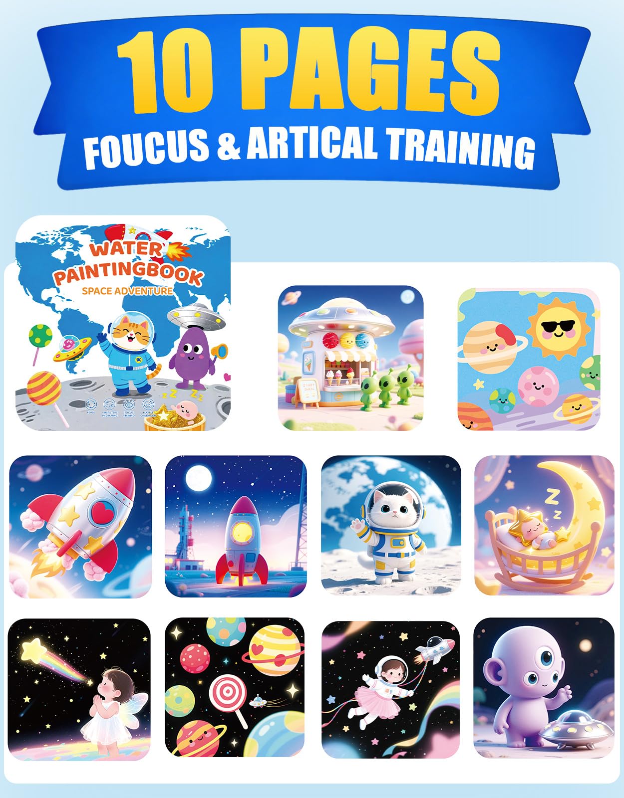 K'ONLE Reusable Water Painting Book – 10 Pages Space Theme, No-Mess Coloring for Toddlers 3-6
