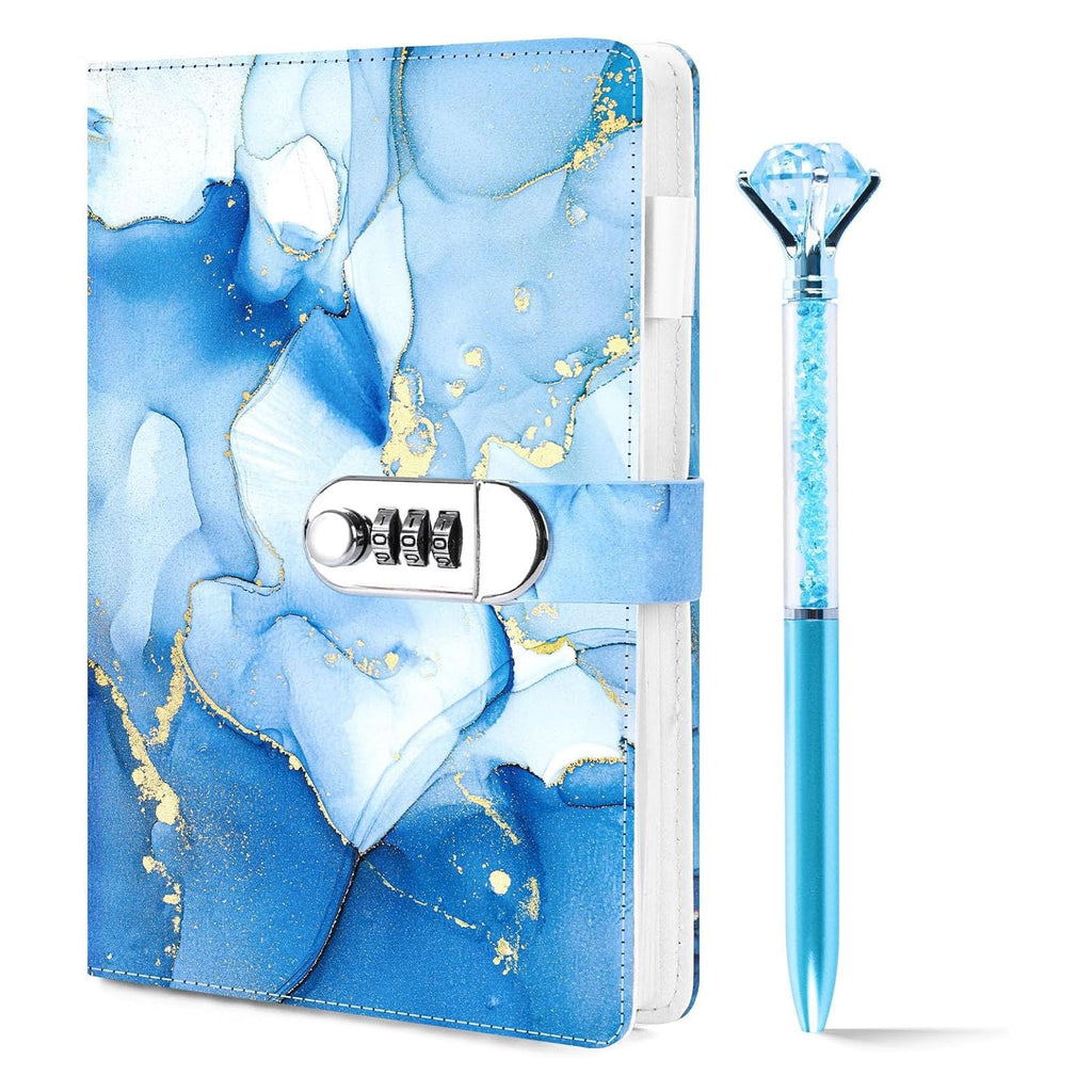 Koogel A5 Locking Diary for Girls Ages 8-12 – 240 Pages, Blue Marble, with Pen
