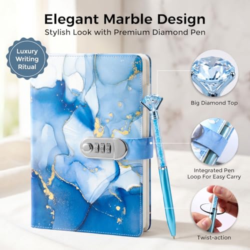 Koogel A5 Locking Diary for Girls Ages 8-12 – 240 Pages, Blue Marble, with Pen