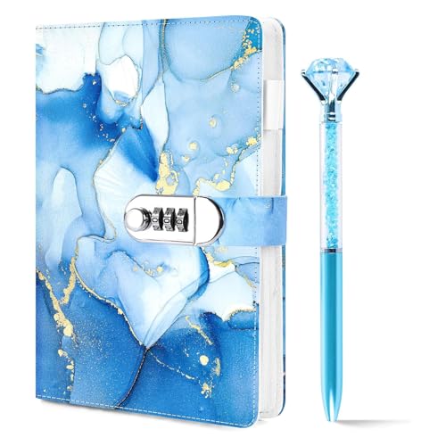 Koogel A5 Locking Diary for Girls Ages 8-12 – 240 Pages, Blue Marble, with Pen