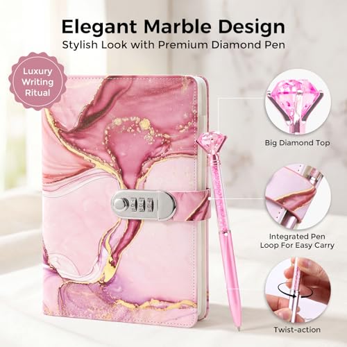 Koogel A5 Locking Journal for Girls 8-12 – Pink Marble, 120 Pages, Combination Lock with Pen