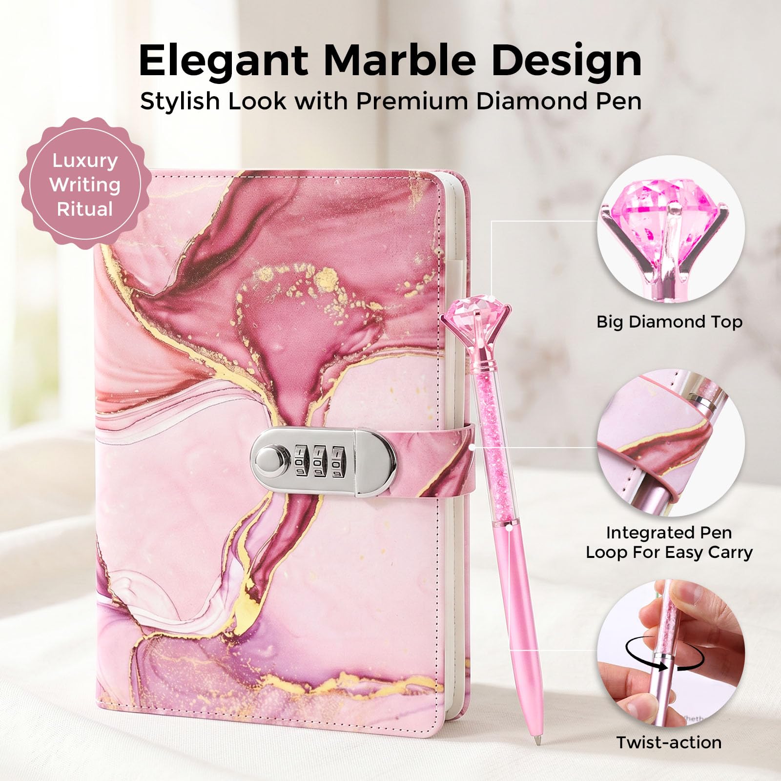 Koogel A5 Locking Journal for Girls 8-12 – Pink Marble, 120 Pages, Combination Lock with Pen