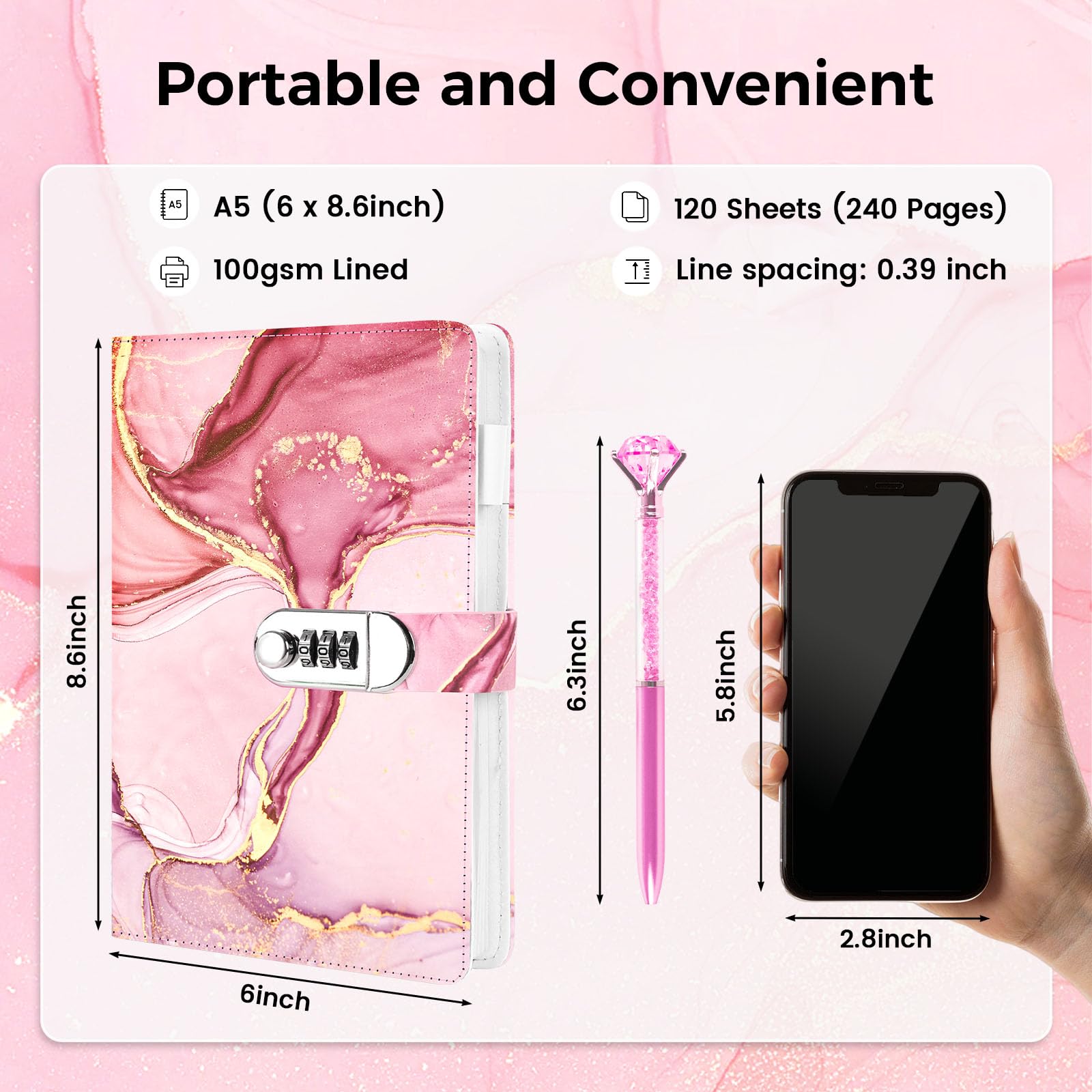 Koogel A5 Locking Journal for Girls 8-12 – Pink Marble, 120 Pages, Combination Lock with Pen