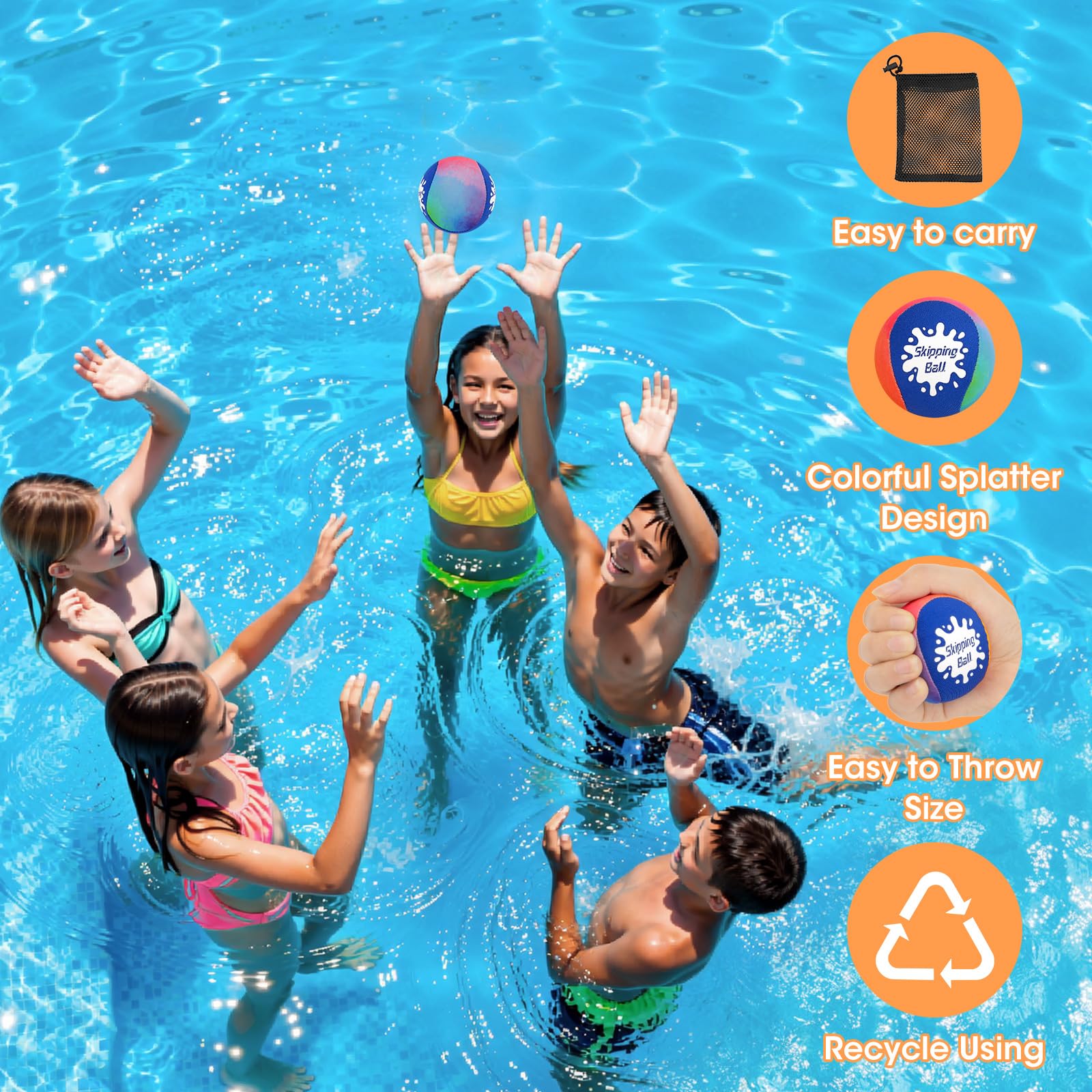 Korlon Skipping Water Balls 4 Pack - Bouncing Pool Toys with Mesh Bag for Kids and Adults
