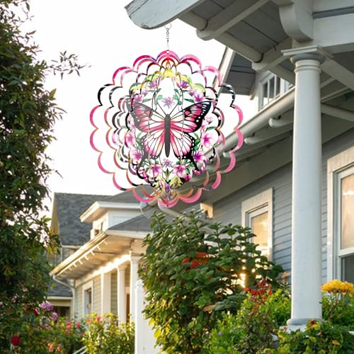 KOYILTD 12-Inch 3D Butterfly Wind Spinner – Pink Stainless Steel Garden Decor with Sparkle Effect