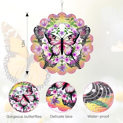 KOYILTD 12-Inch 3D Butterfly Wind Spinner – Pink Stainless Steel Garden Decor with Sparkle Effect