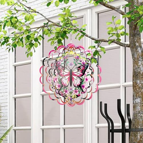 KOYILTD 12-Inch 3D Butterfly Wind Spinner – Pink Stainless Steel Garden Decor with Sparkle Effect