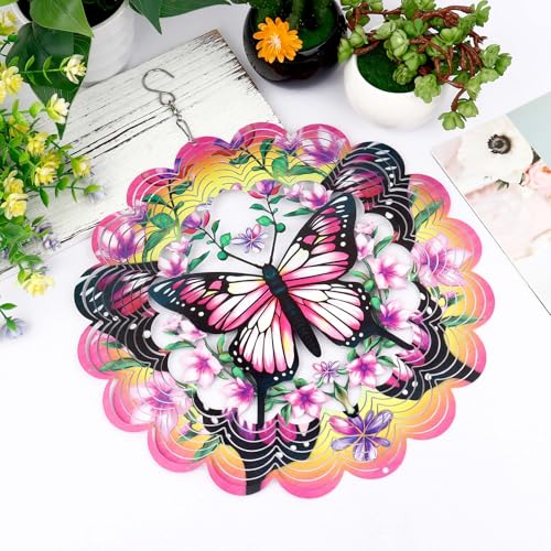 KOYILTD 12-Inch 3D Butterfly Wind Spinner – Pink Stainless Steel Garden Decor with Sparkle Effect