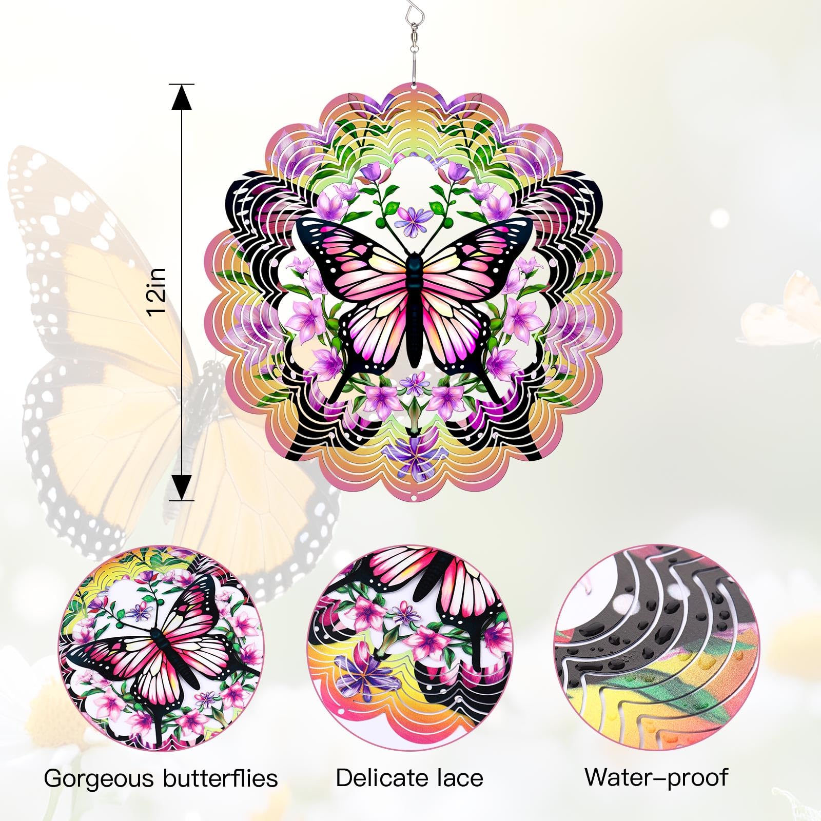 KOYILTD 12-Inch 3D Butterfly Wind Spinner – Pink Stainless Steel Garden Decor with Sparkle Effect