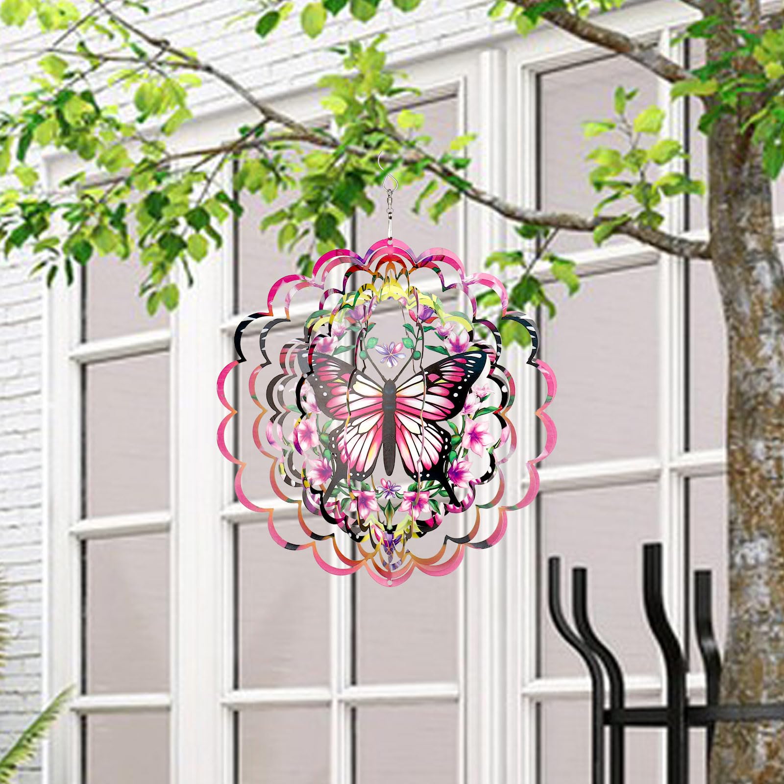 KOYILTD 12-Inch 3D Butterfly Wind Spinner – Pink Stainless Steel Garden Decor with Sparkle Effect