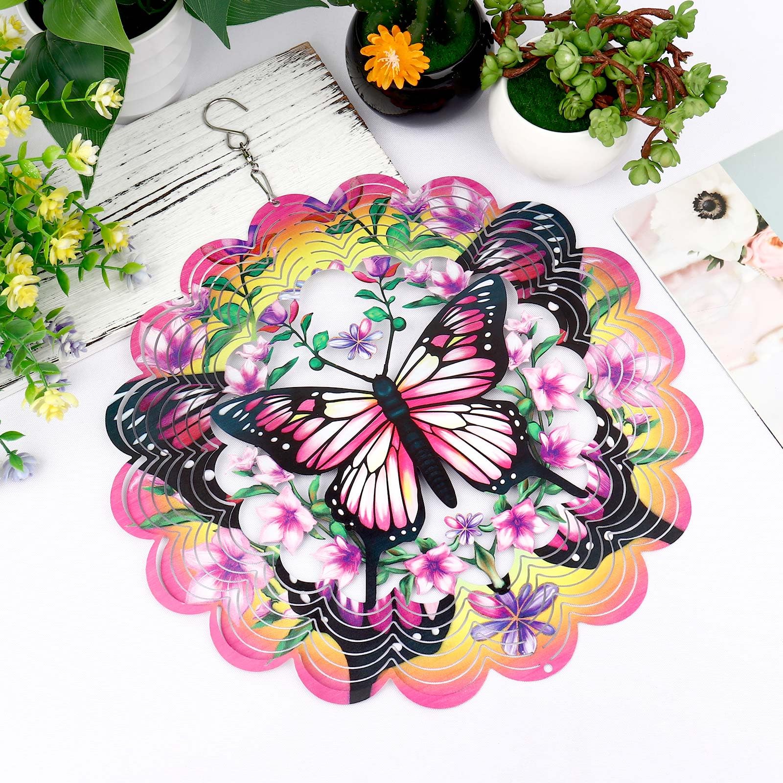 KOYILTD 12-Inch 3D Butterfly Wind Spinner – Pink Stainless Steel Garden Decor with Sparkle Effect
