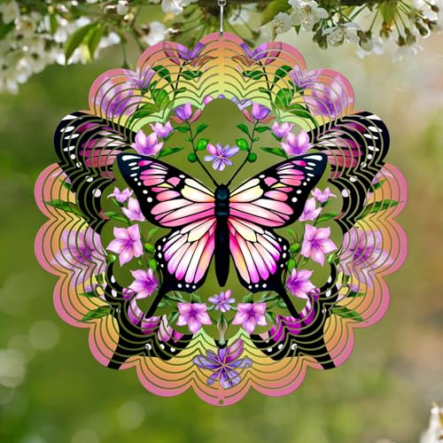 KOYILTD 12-Inch 3D Butterfly Wind Spinner – Pink Stainless Steel Garden Decor with Sparkle Effect