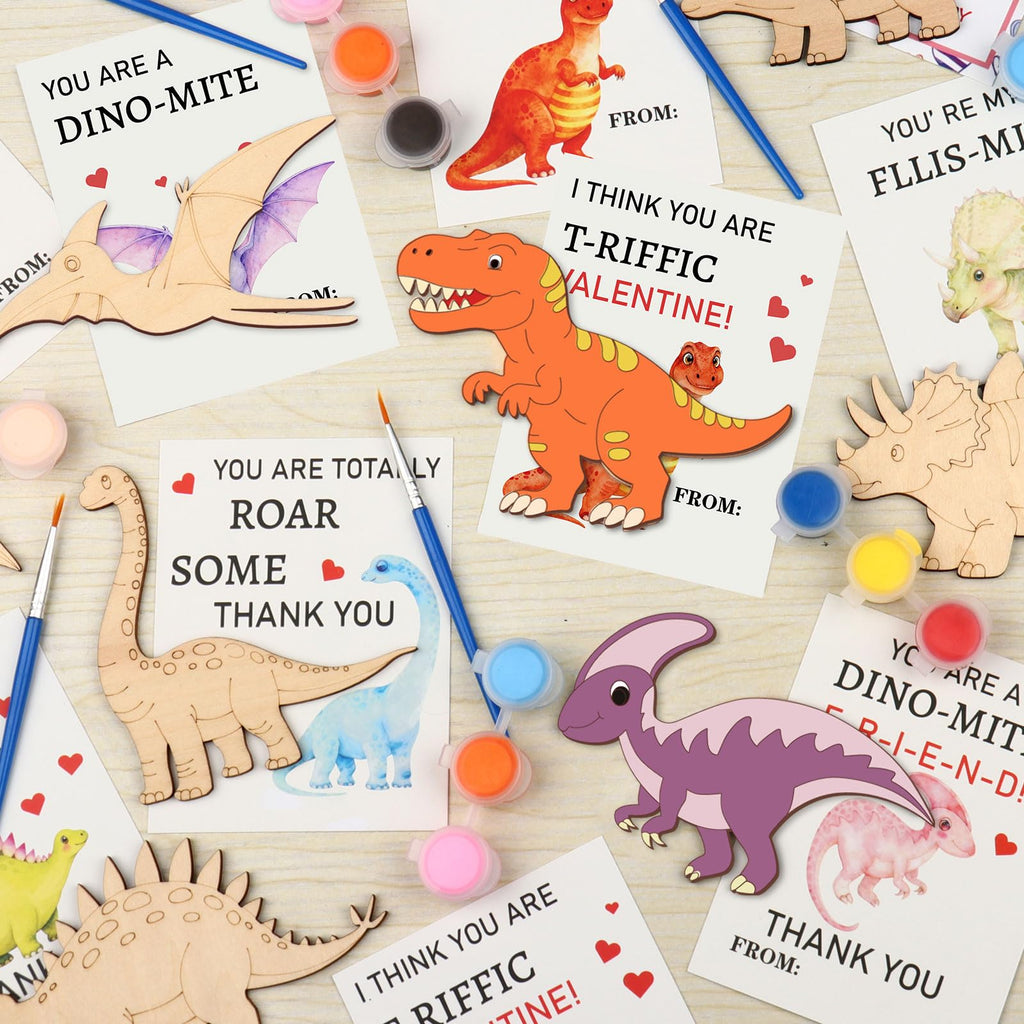 KOYILTD Dinosaur Valentine Craft Kit - 24 Cards & Wooden Dinosaurs to Paint for Kids Classroom Exchanges