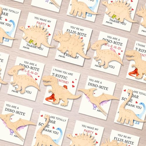 KOYILTD Dinosaur Valentine Craft Kit - 24 Cards & Wooden Dinosaurs to Paint for Kids Classroom Exchanges