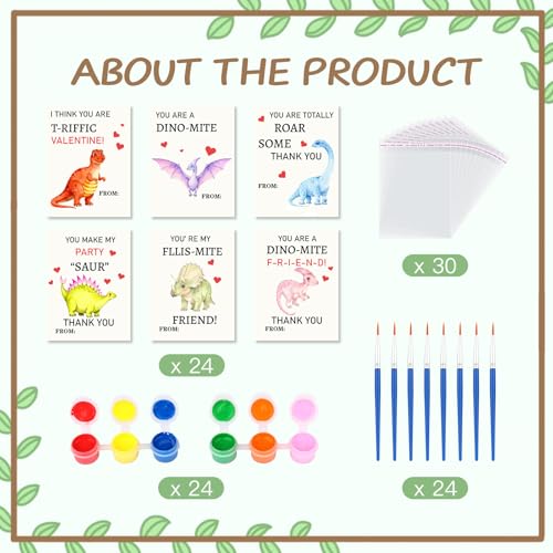 KOYILTD Dinosaur Valentine Craft Kit - 24 Cards & Wooden Dinosaurs to Paint for Kids Classroom Exchanges