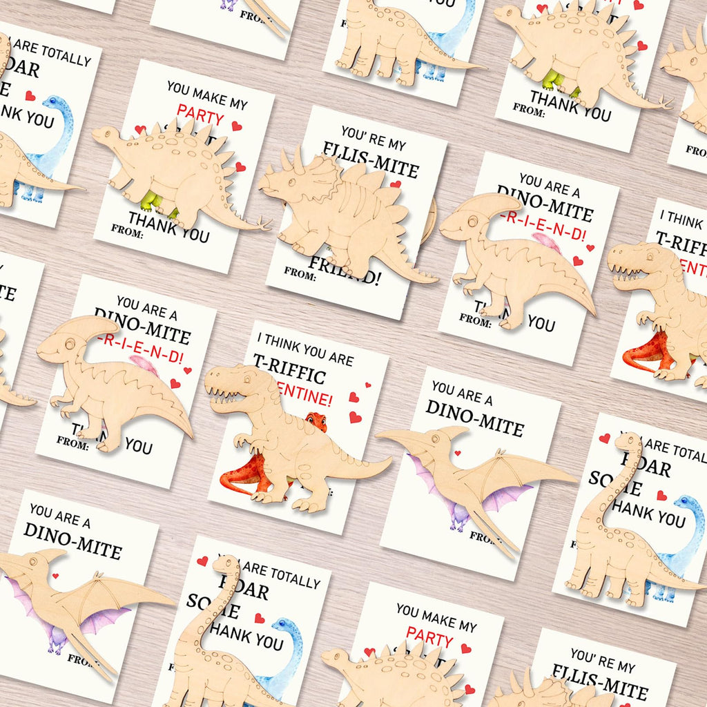 KOYILTD Dinosaur Valentine Craft Kit - 24 Cards & Wooden Dinosaurs to Paint for Kids Classroom Exchanges