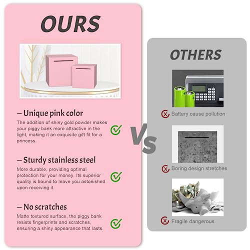 Kozsort Unbreakable Stainless Steel Piggy Bank for Adults - Pink, 4.72 Inch, Must Break to Open