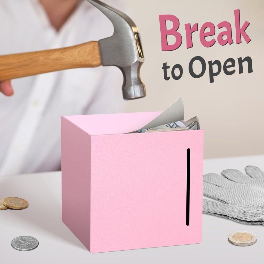 Kozsort Unbreakable Stainless Steel Piggy Bank for Adults - Pink, 4.72 Inch, Must Break to Open