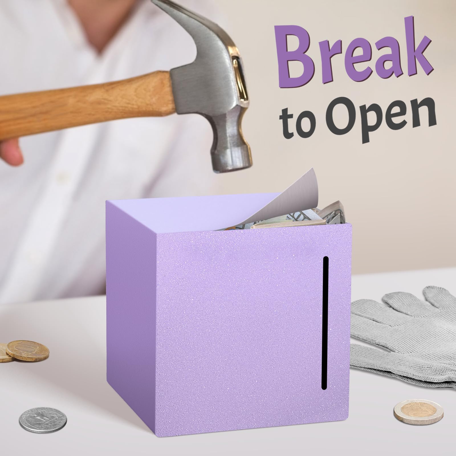 Kozsort Unbreakable Stainless Steel Piggy Bank for Adults – Must Break to Open, Purple 4.72-Inch