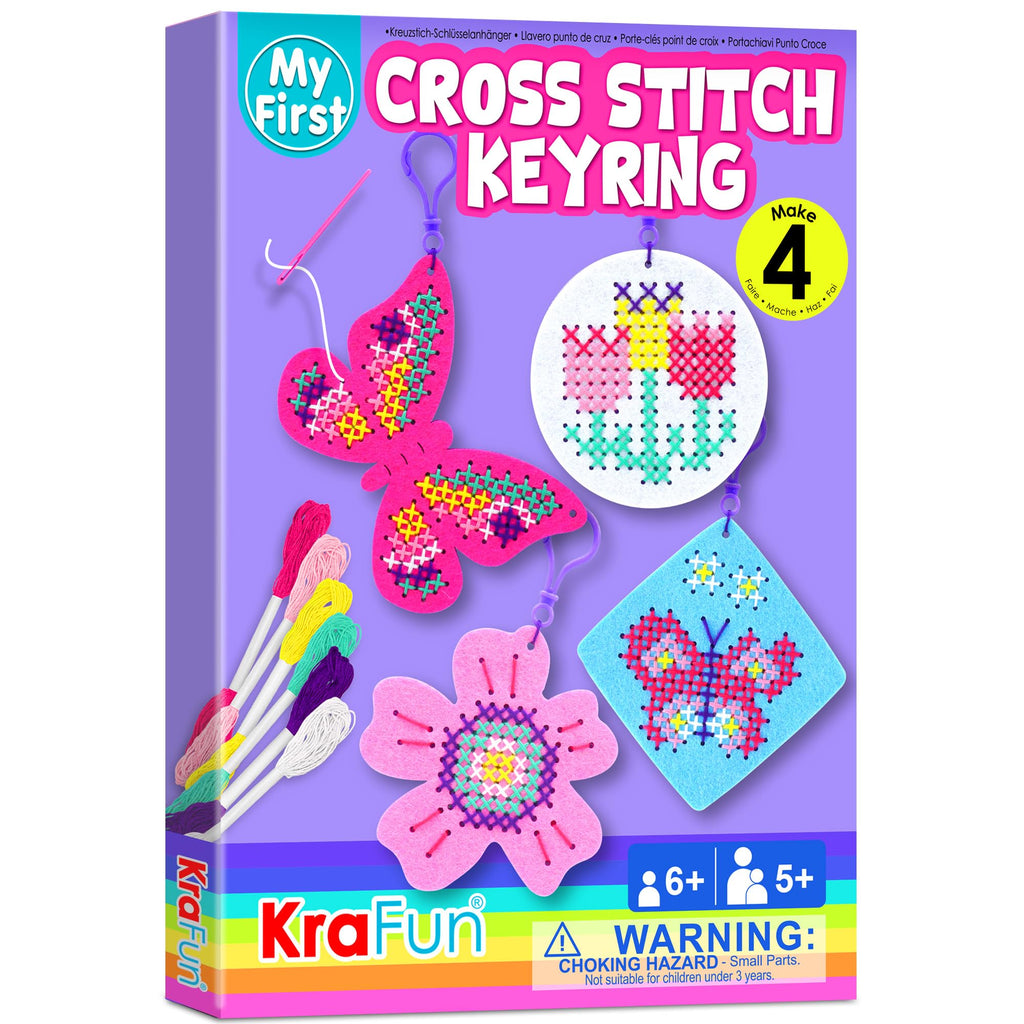 KRAFUN My First Cross Stitch Kit for Kids Age 5+: 4 Butterfly & Flower Keyring Projects, Embroidery Arts & Crafts Gift for Girls