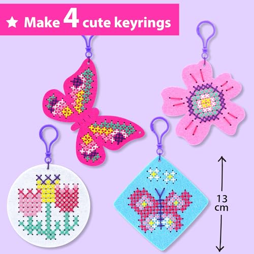 KRAFUN My First Cross Stitch Kit for Kids Age 5+: 4 Butterfly & Flower Keyring Projects, Embroidery Arts & Crafts Gift for Girls