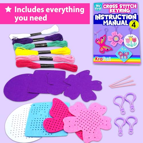 KRAFUN My First Cross Stitch Kit for Kids Age 5+: 4 Butterfly & Flower Keyring Projects, Embroidery Arts & Crafts Gift for Girls