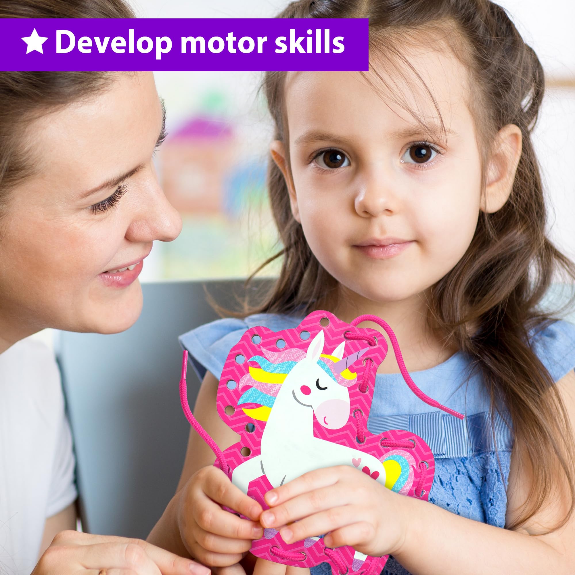 KRAFUN My First Lacing Cards Kit for Toddlers Age 3+, Princess Unicorn Fine Motor Activity Set