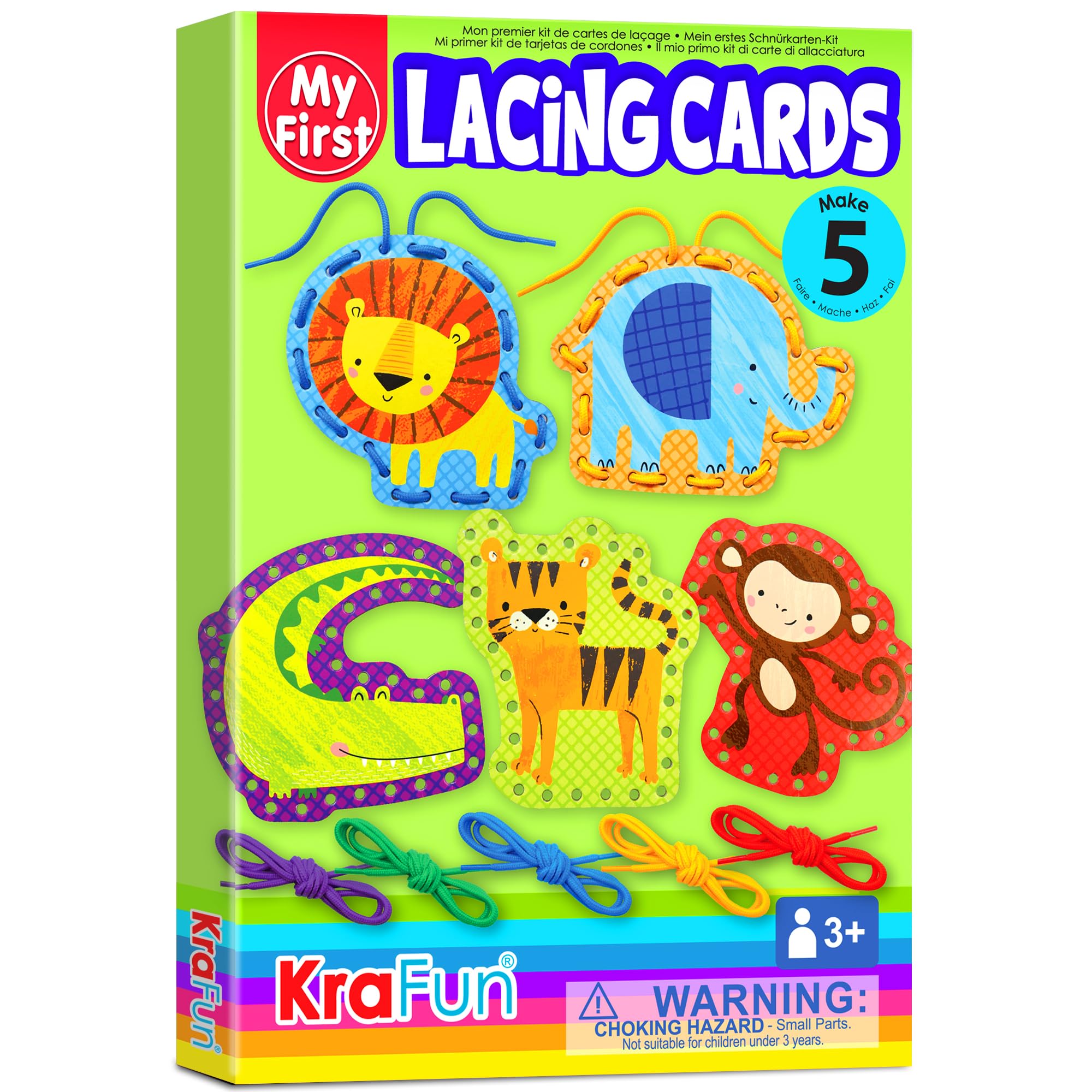 KRAFUN Safari Lacing Cards Kit – 5 Animal Fine Motor Activity for Toddlers Age 3+
