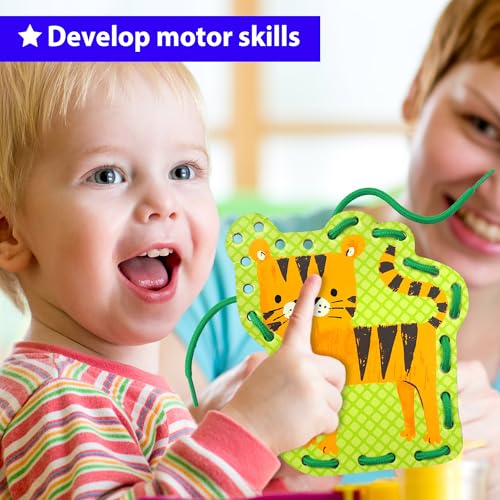 KRAFUN Safari Lacing Cards Kit – 5 Animal Fine Motor Activity for Toddlers Age 3+