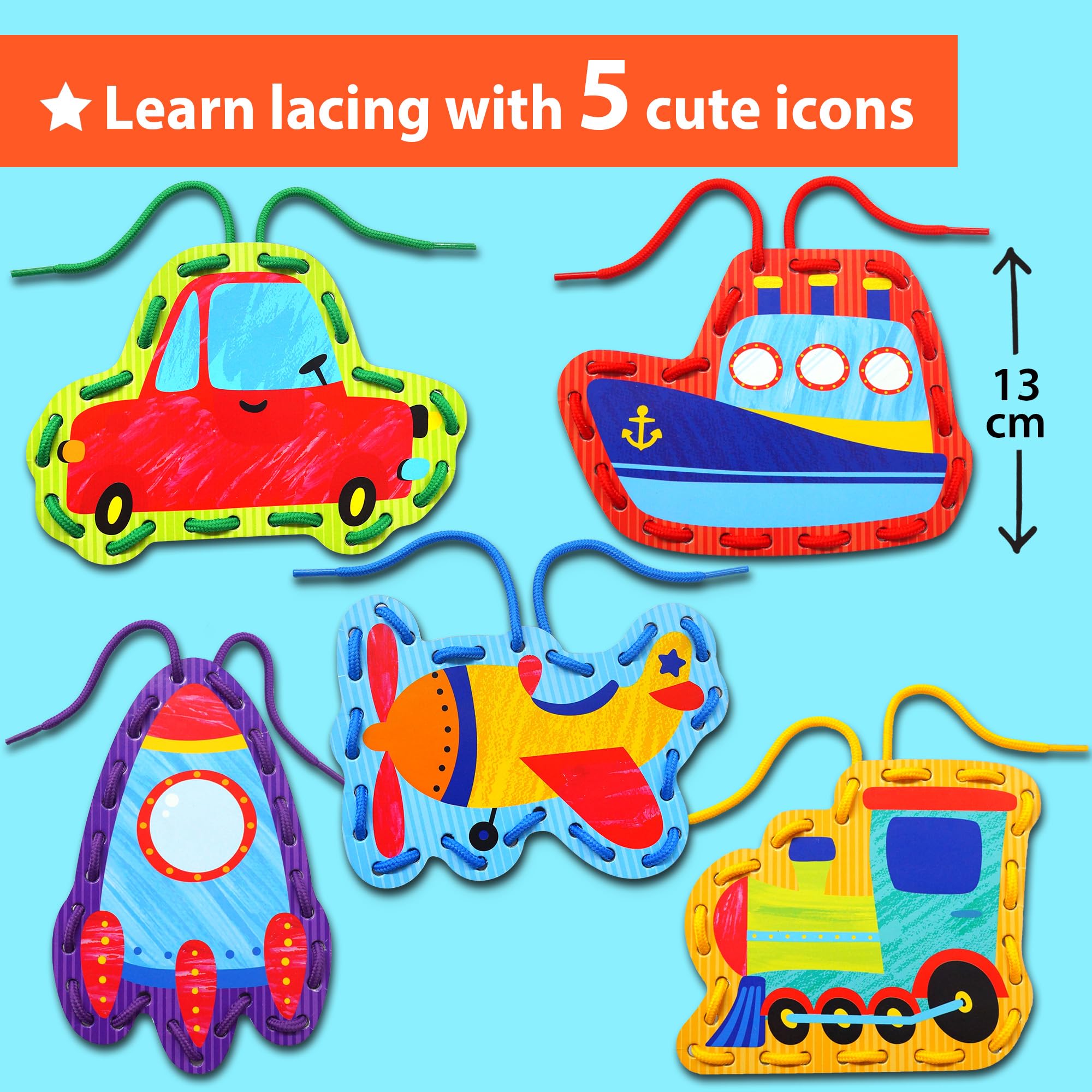 KRAFUN Transport Lacing Cards for Ages 3-7 | 5 Vehicle Projects (Car, Rocket, Train, Plane, Ship) | Fine Motor & Language Activity