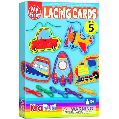 KRAFUN Transport Lacing Cards for Ages 3-7 | 5 Vehicle Projects (Car, Rocket, Train, Plane, Ship) | Fine Motor & Language Activity