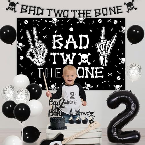 Kreatwow Bad Two The Bone Birthday Decorations Kit – Rock & Roll 2nd Birthday Set with Backdrop, Banner, Cake Topper, Balloons