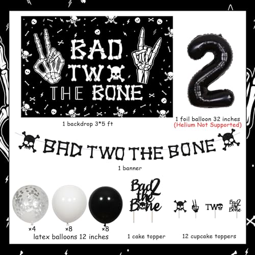 Kreatwow Bad Two The Bone Birthday Decorations Kit – Rock & Roll 2nd Birthday Set with Backdrop, Banner, Cake Topper, Balloons