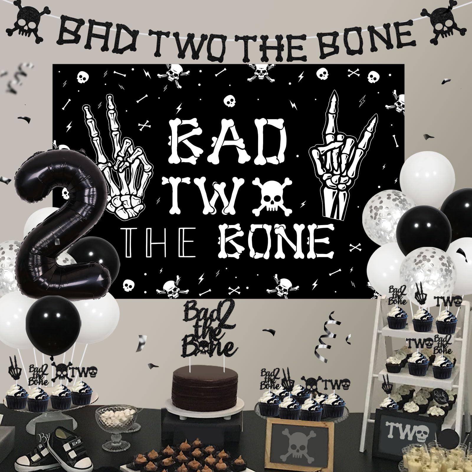 Kreatwow Bad Two The Bone Birthday Decorations Kit – Rock & Roll 2nd Birthday Set with Backdrop, Banner, Cake Topper, Balloons