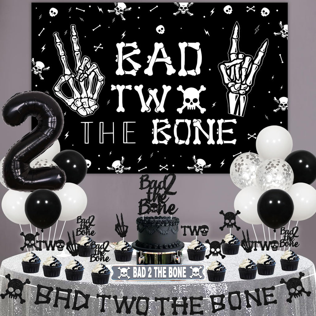 Kreatwow Bad Two The Bone Birthday Decorations Kit – Rock & Roll 2nd Birthday Set with Backdrop, Banner, Cake Topper, Balloons