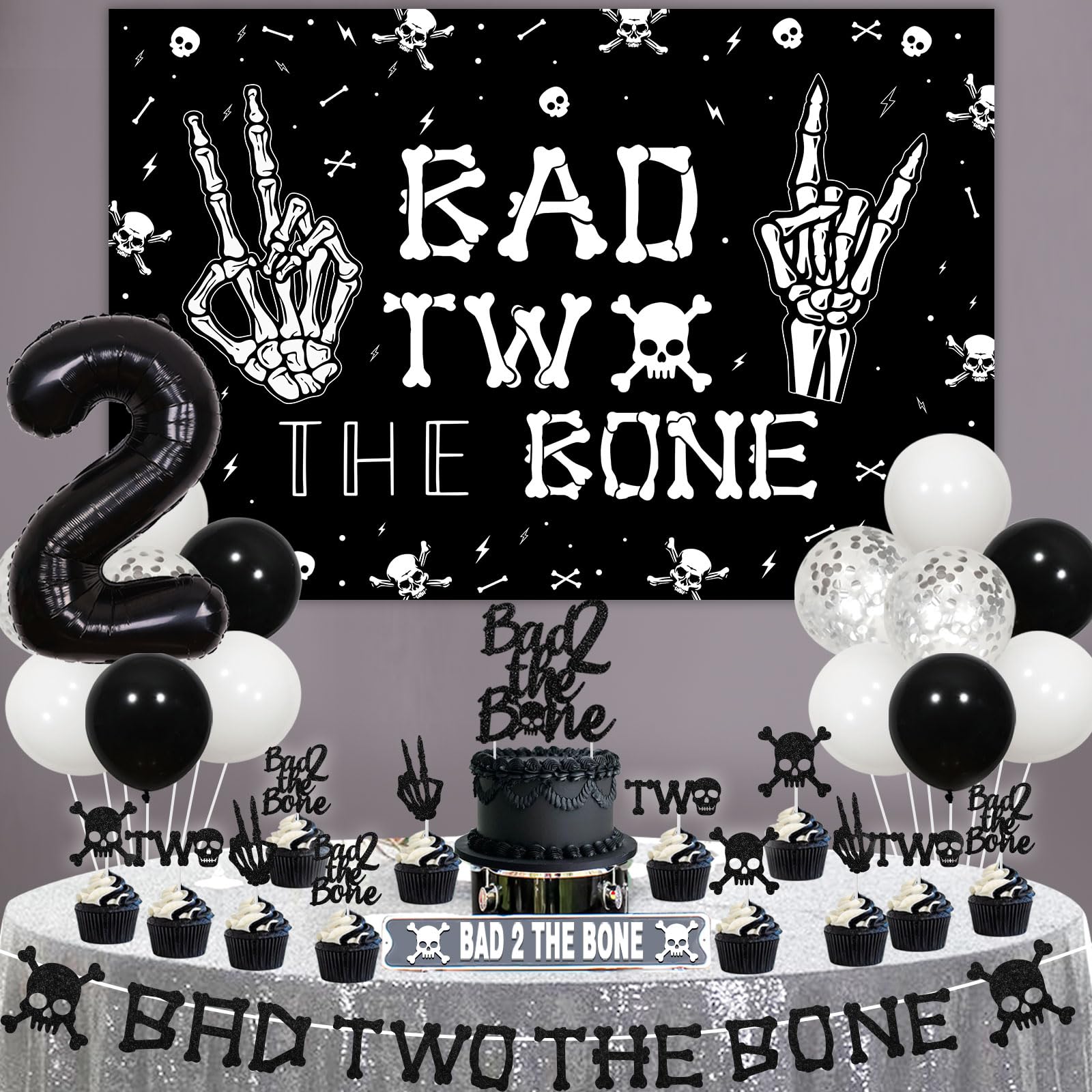 Kreatwow Bad Two The Bone Birthday Decorations Kit – Rock & Roll 2nd Birthday Set with Backdrop, Banner, Cake Topper, Balloons