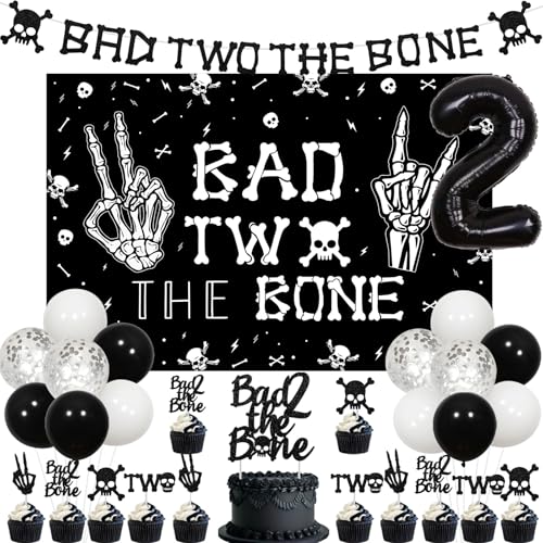 Kreatwow Bad Two The Bone Birthday Decorations Kit – Rock & Roll 2nd Birthday Set with Backdrop, Banner, Cake Topper, Balloons
