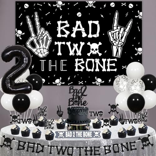 Kreatwow Bad Two The Bone Birthday Decorations Kit – Rock & Roll 2nd Birthday Set with Backdrop, Banner, Cake Topper, Balloons