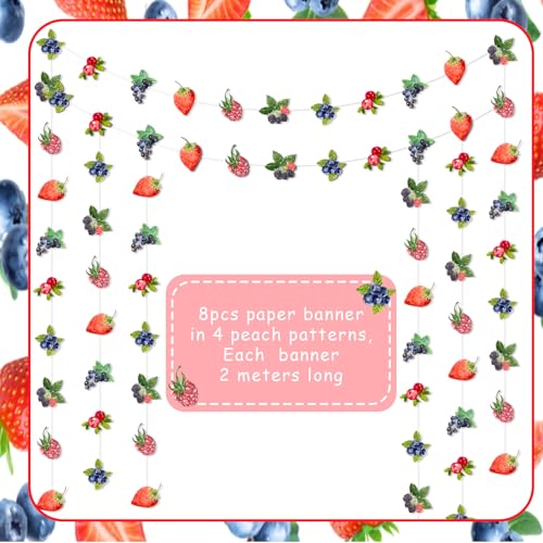Kreatwow Berry Party Banner Set – 8 Hanging Streamers with Strawberry & Blueberry Theme, 2m Each, Reusable Card Paper Decor for Baby Shower, Birthday, Gender Reveal