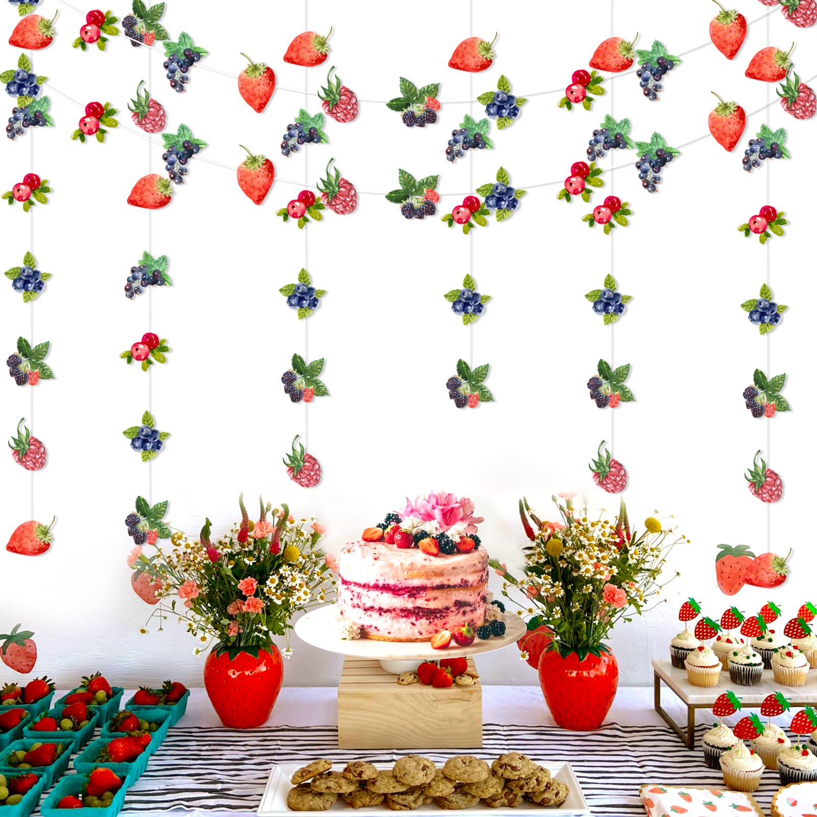 Kreatwow Berry Party Banner Set – 8 Hanging Streamers with Strawberry & Blueberry Theme, 2m Each, Reusable Card Paper Decor for Baby Shower, Birthday, Gender Reveal